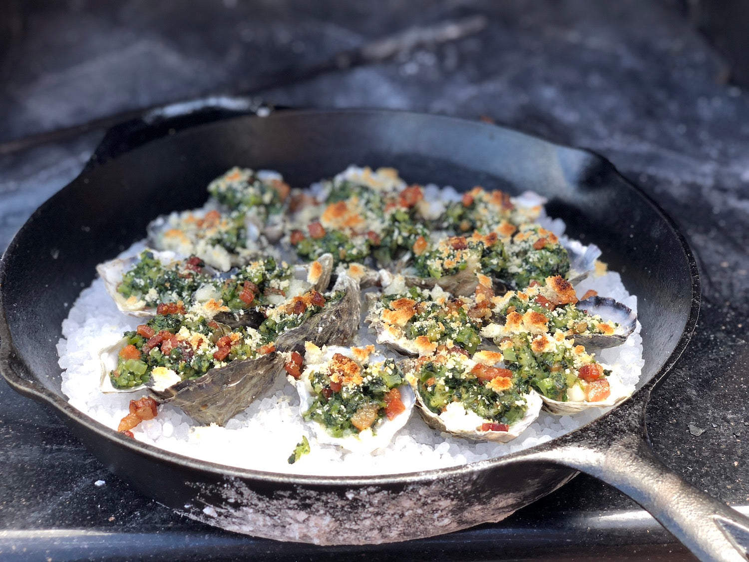 Cast Iron Roasted Oysters with Spinach and Bacon Recipe